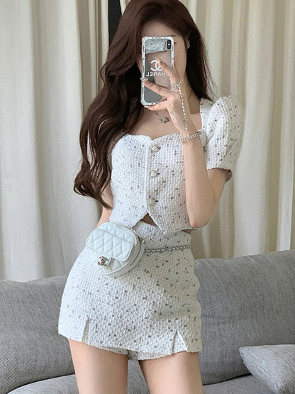 小さな香りのスカートスーツツイードショートコートパフスリーブツーピースセット女性 2023 夏のファッションスカート女性のための韓国ファッション