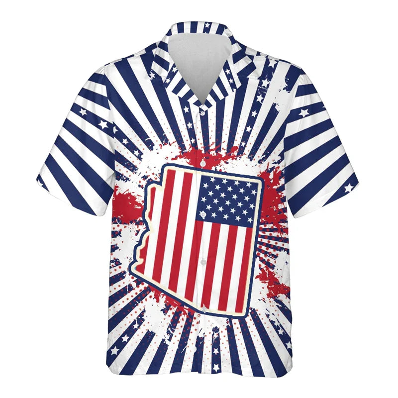 USA California Virginia Michigan Map Flag Graphic Shirts For Men Clothes America Florida Patriotic Lapel Blouse Male Shirt Tops Shirts-SZF39670