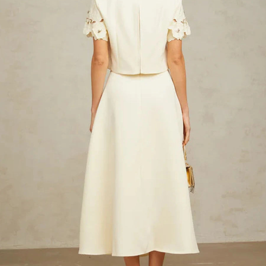 Solid Fashion Two Piece Sets for Women Round Neck Short Sleeves Patcwork Applique Top High Waist Skirt Set Female