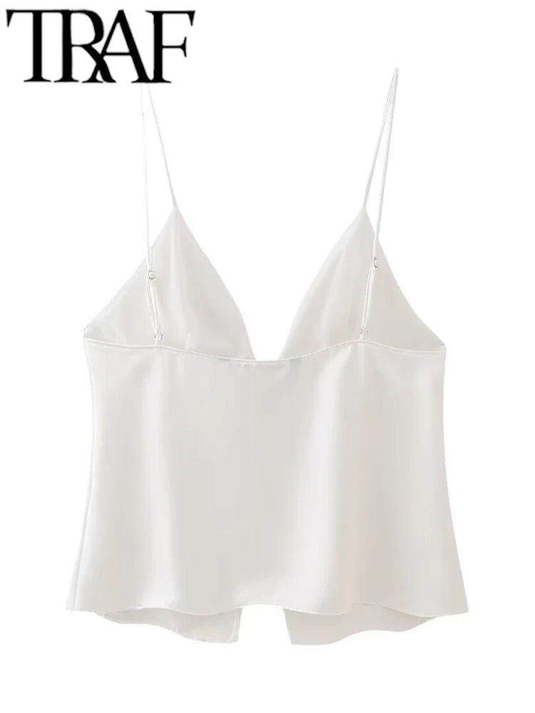 TRAF New Style Bowknot Tied Women Camis Summer V Neck Straps Tanks Sleeveless Backless Sexy Tanks Slim Female Crop Top Y2K
