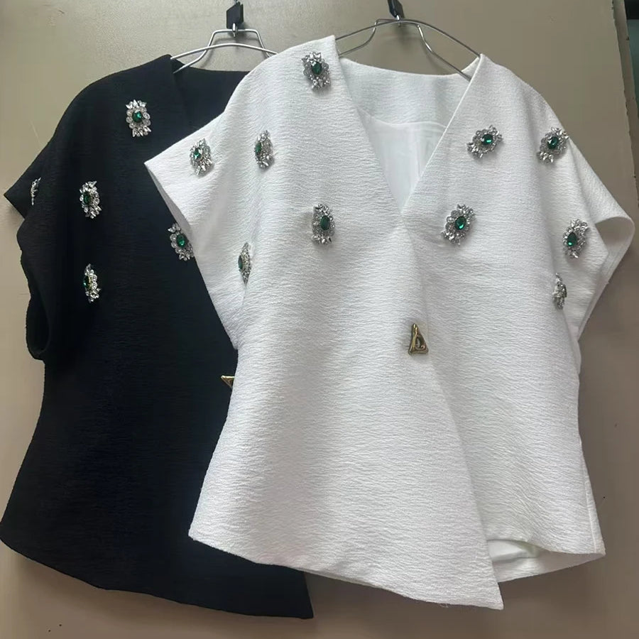 Solid Spliced Bead Luxurious Jackets for Women V Neck Short Sleeves Patchwork Button Elegant Jacket Femlae Fashion