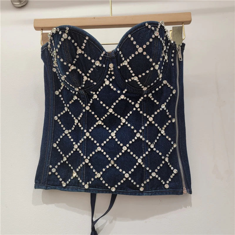 DEAT 2026 Spring Fashion New Back Bandage Beaded Denim Vest For Women Lace-up Slim Fit Zipper Tank Top Female Trendy 11A07881 Navy Blue