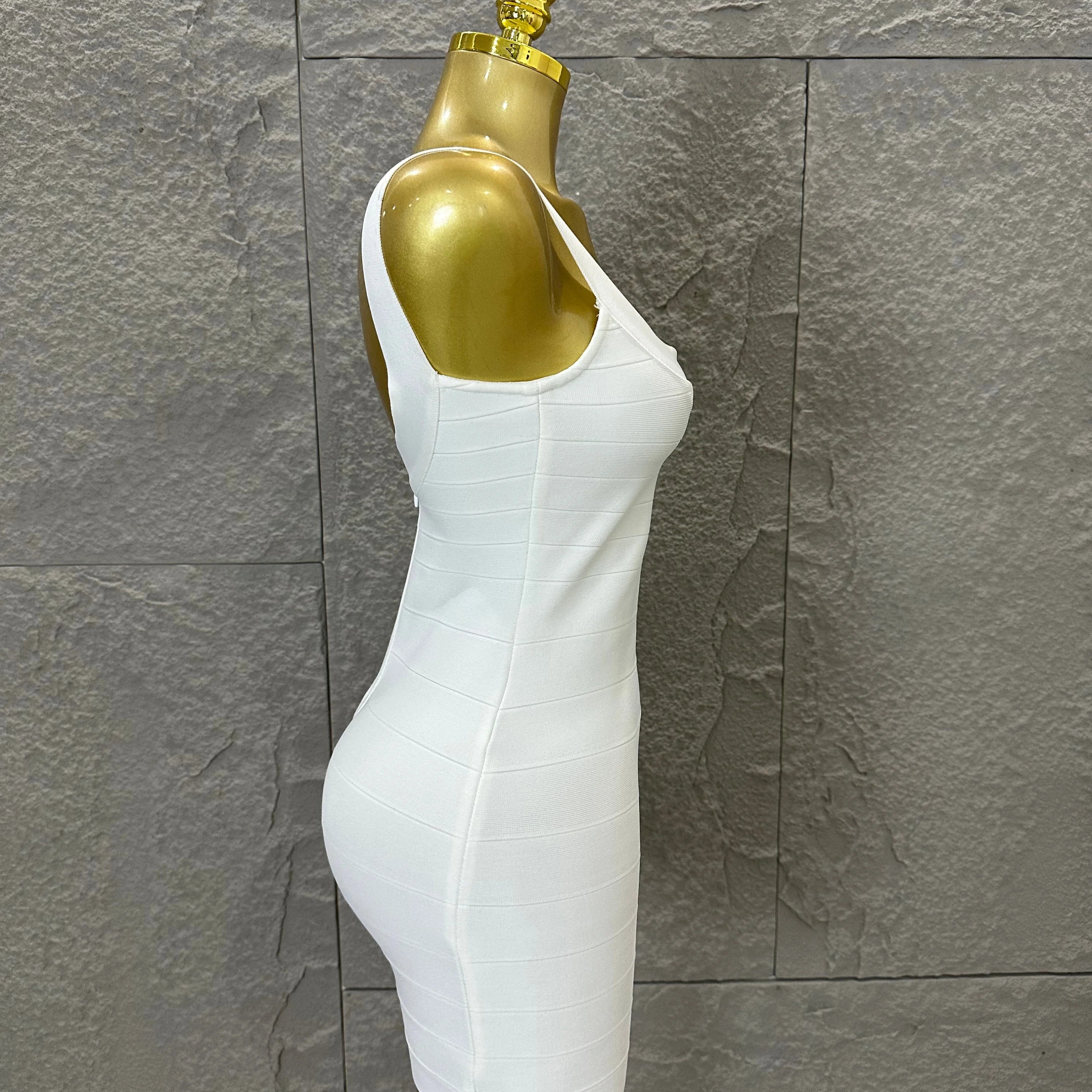 Elegant White Bandage Mini Dress Women Sexy Scoop Neck Sleeveless Bodycon Evening Party Cocktail Party Costume