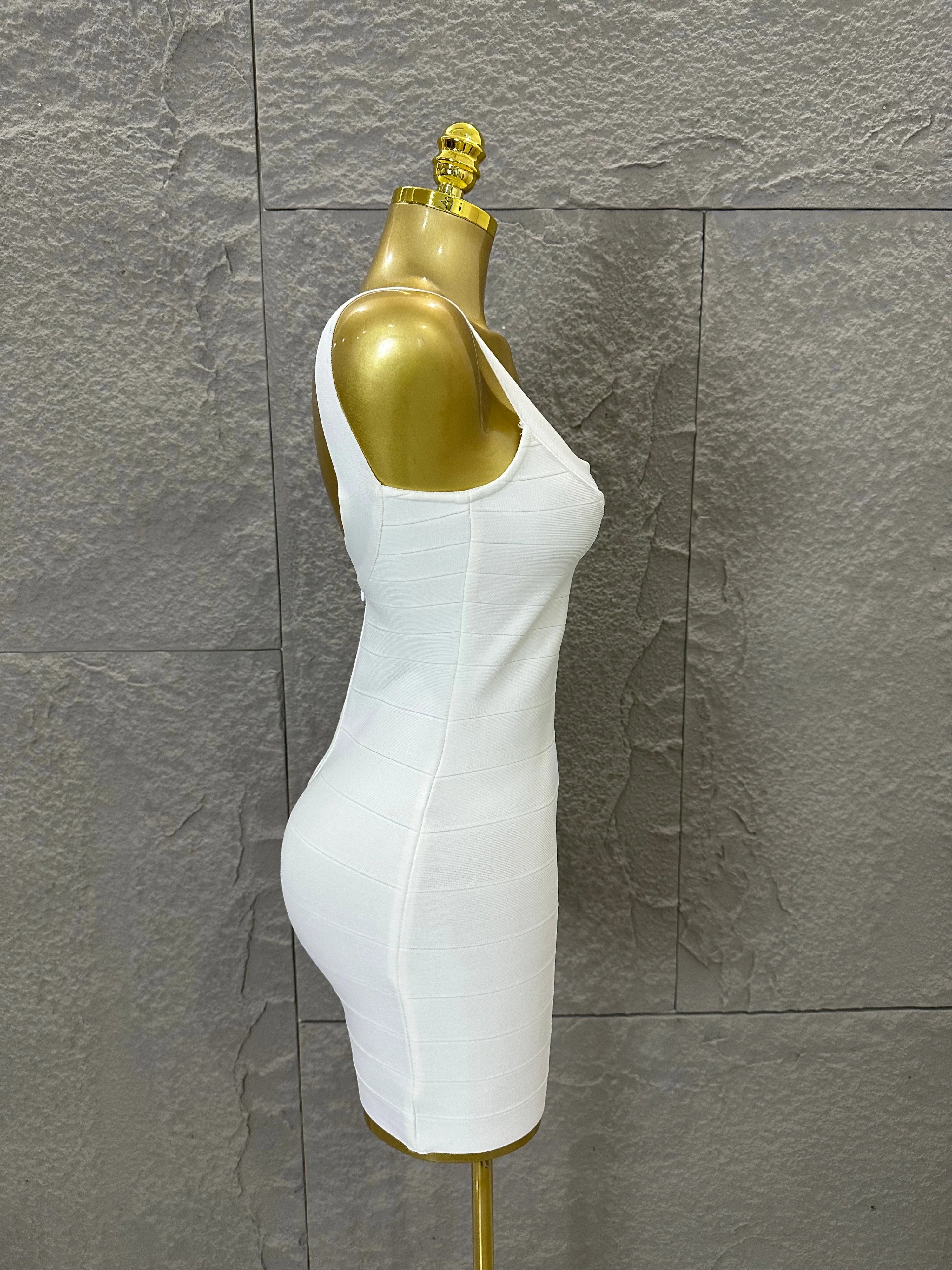 Elegant White Bandage Mini Dress Women Sexy Scoop Neck Sleeveless Bodycon Evening Party Cocktail Party Costume