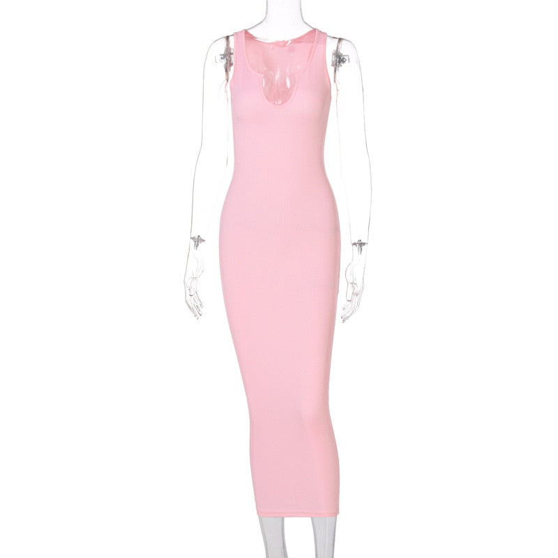 Sifreyr Ribbed V Neck Tank Long Dress Women Solid Sleeveless Bodycon Maxi Dress Sexy Streetwear Party Club Outfits Slim Sundress Pink