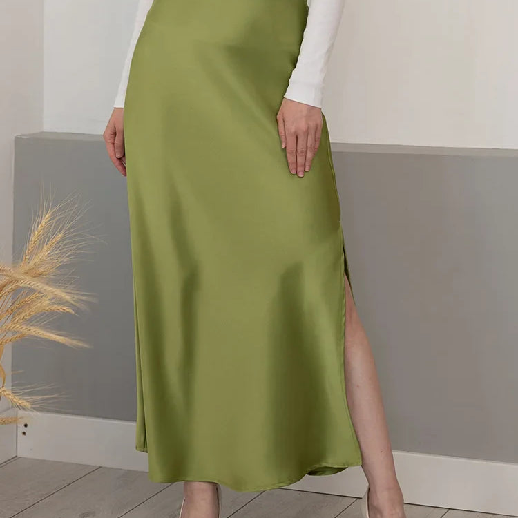 Silk Satin Skirts for Women Summer Casual Style A-line Solid Color Elastic High Waist Side Slit Champagne Skirt