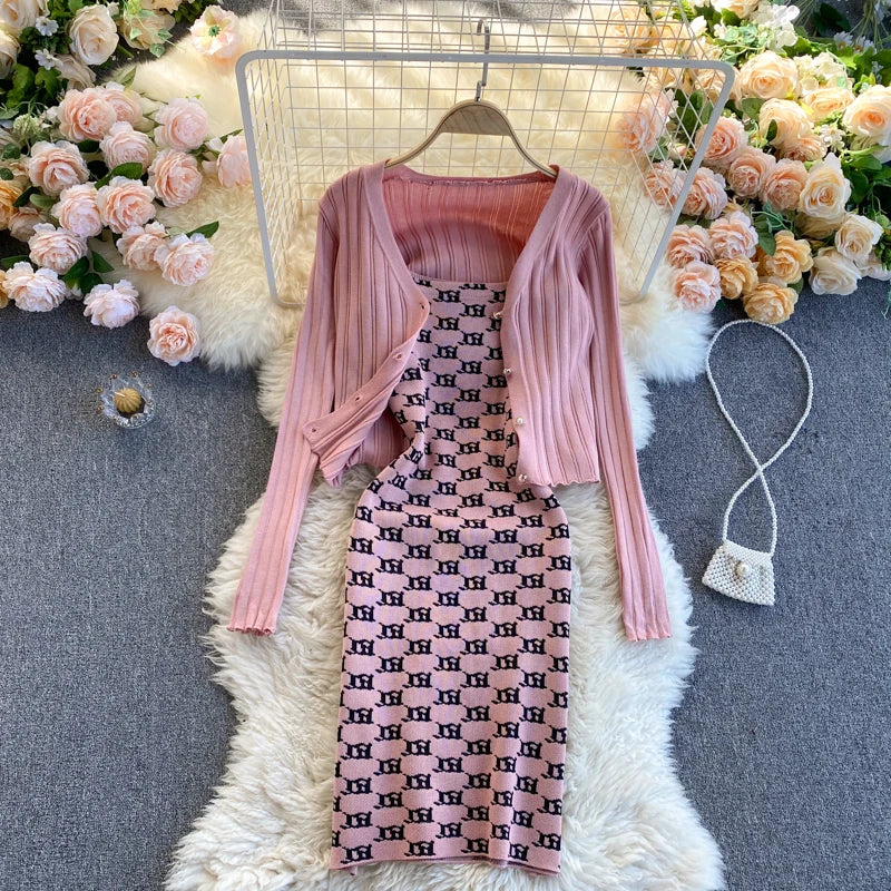 Women Dress Set Spring Autumn Fashion Y2K Knitted Chains Straps Mini Dress + Full Sleeve Cardigans Coats Pink One Size