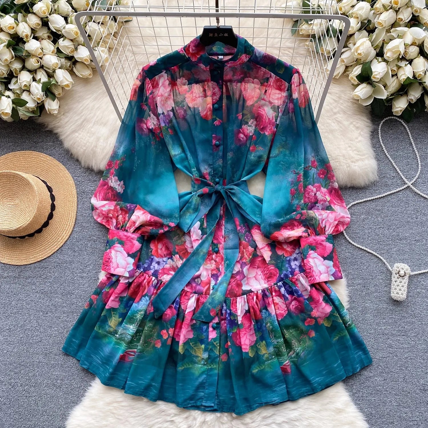 New Summer Holiday Beach Short Dress Women's Stand Long Lantern Sleeve Floral Print Sashes Lace Up Chiffon Loose Vestidos 6362 green