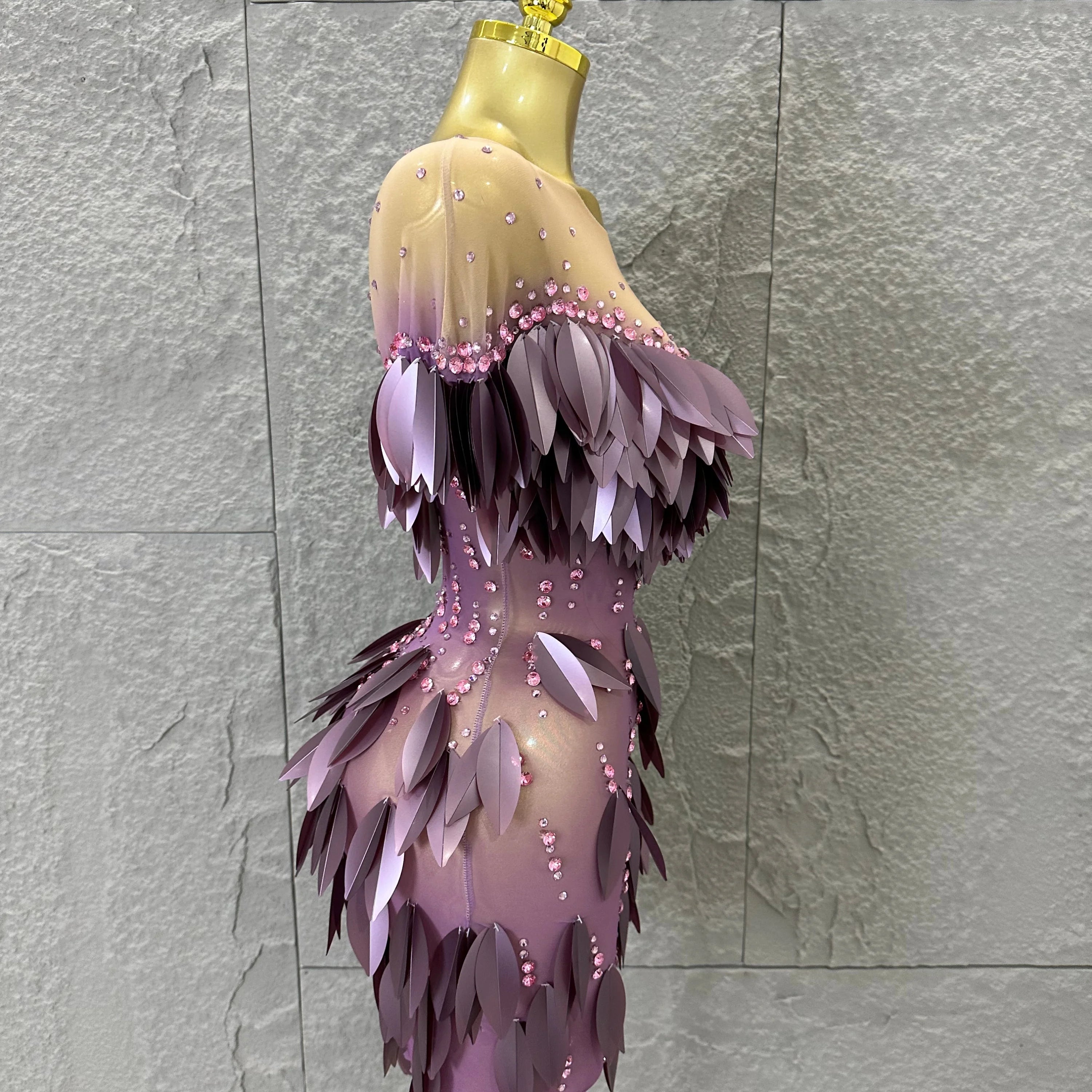 Sparkly 2026 Purple Sheer Mesh Dress Women Sexy Illusion Neck Rhinestone 3D Leaf Fringe Bodycon Evening Gala Nightclub Outfit