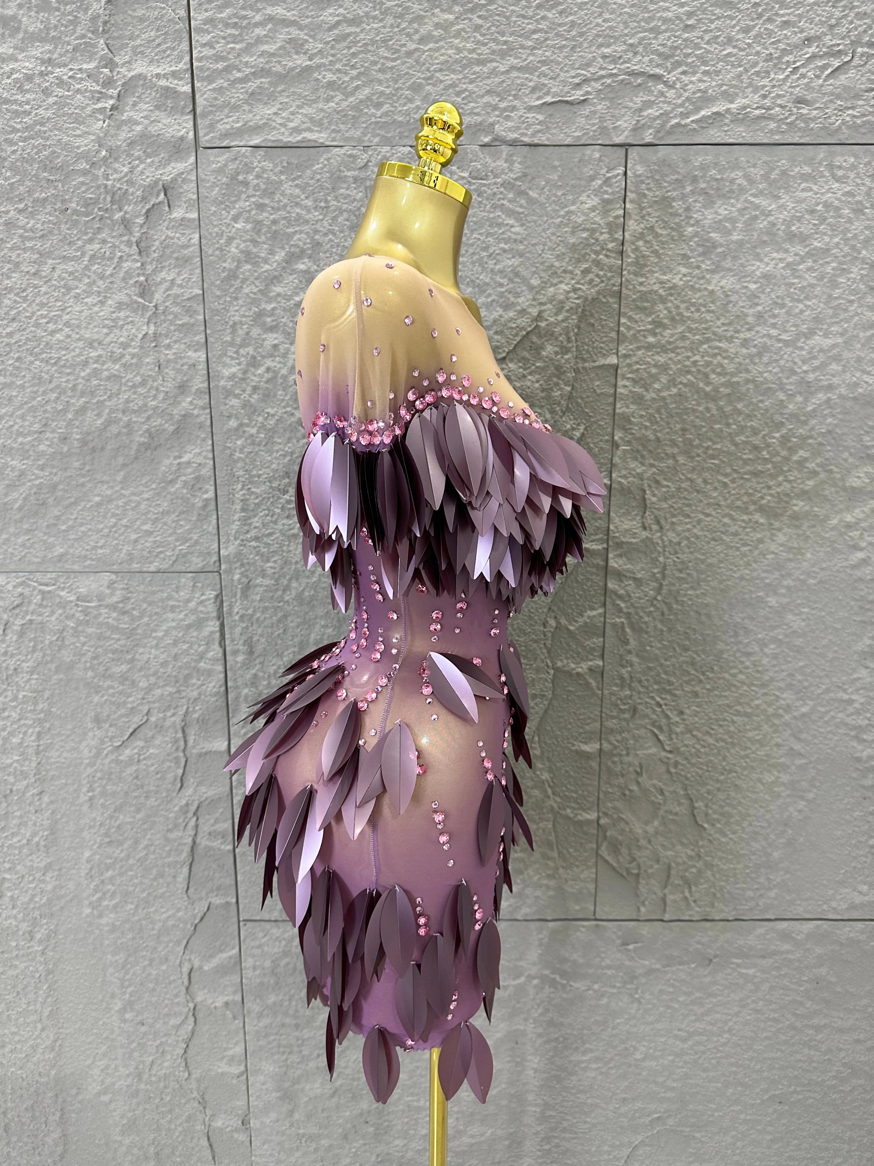 Sparkly 2026 Purple Sheer Mesh Dress Women Sexy Illusion Neck Rhinestone 3D Leaf Fringe Bodycon Evening Gala Nightclub Outfit