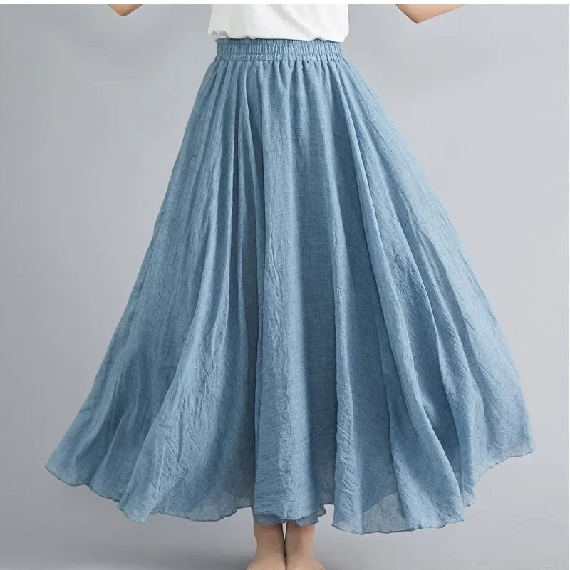 Fashion Cotton Linen Clothes Women Skirts Maxi Y2k Elegant Beach Saia Ropa Mujer Casual Vestido Boho Long Skirt Faldas Harajuku Niagara Blue