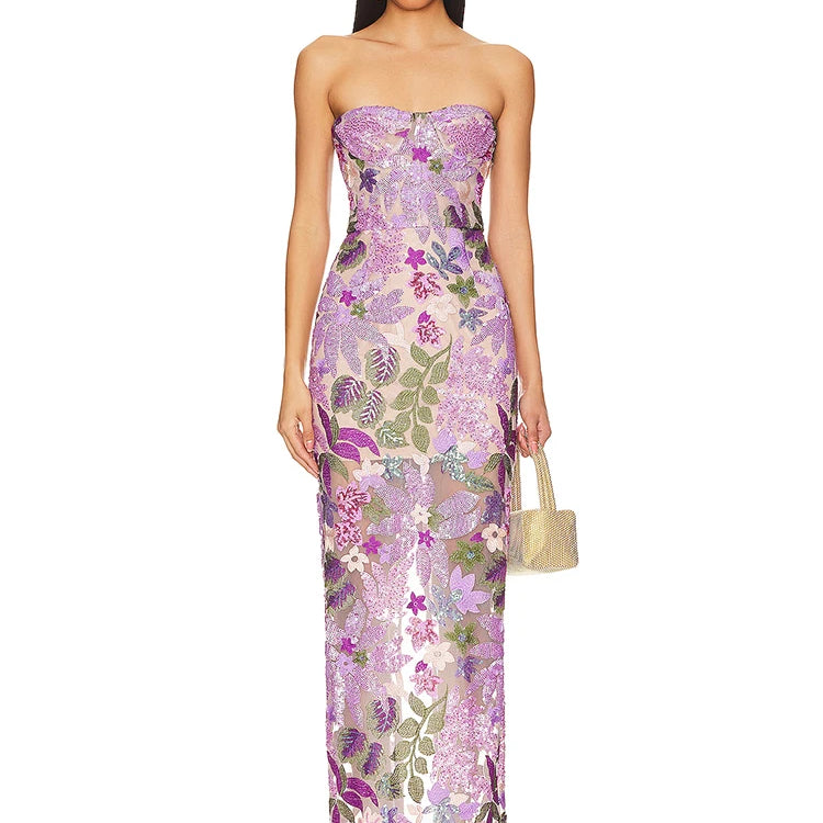 Sequin Flowers Embroidery Sexy Mesh See Through Strapless Ankle Length Dress Elegant Woman Evening Dress Celebrity Party Outfit Lavender