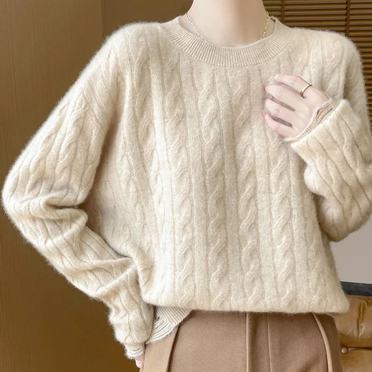 Women Cable Knit Sweater 100% Merino Wool Knitwear O-neck Preppy Style Long Sleeve Pullover Autumn Winter Cashmere Sweater Tops Light Camel