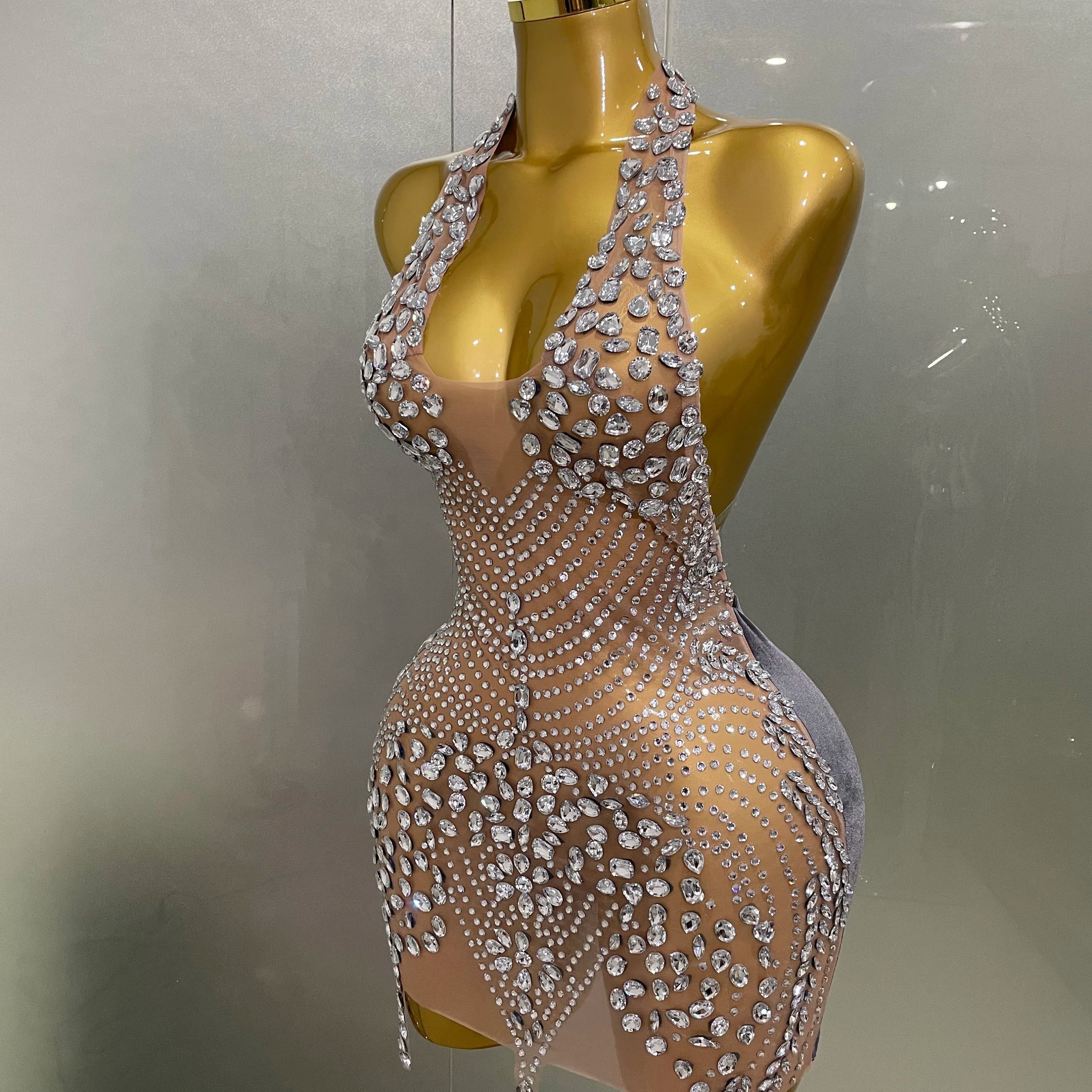2025 New Sexy Sparkly Rhinestones Halter Backless Mesh Velour Short Dress Women Evening Prom Celebrate Birthday Party Stage Wear