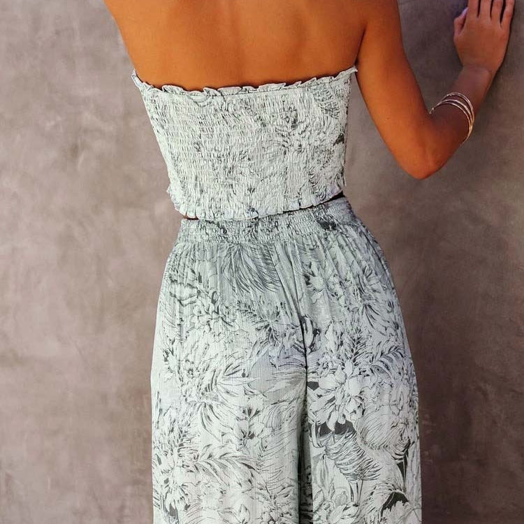 Sexy 2 Pieces Sets Blue Printing Summer Women Floral Clothes Sets Tank Top Wide Leg Pants Outwear