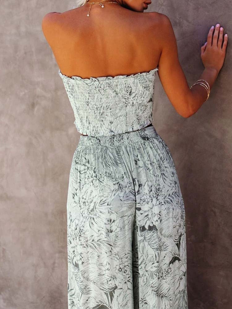 Sexy 2 Pieces Sets Blue Printing Summer Women Floral Clothes Sets Tank Top Wide Leg Pants Outwear