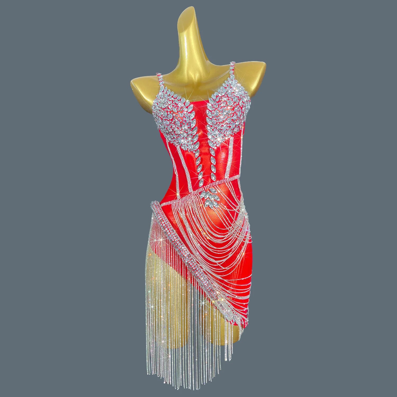 Women Shiny Gold Crystal Chain Diamonds Dress Elastic Sexy Mini Night Club Performance Costume Birthday Party Dress Tassel Liehu Red