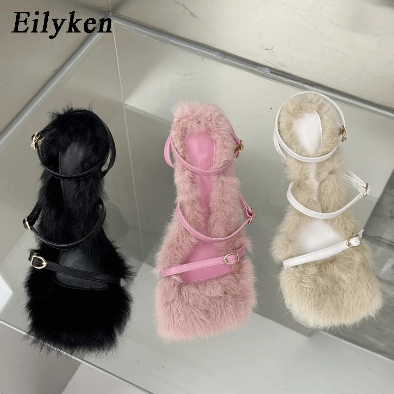 Eilyken 2025 New Brand Plush Fur Fuzzy Sandals Women Thin Heels Fashion Square Toe Ankle Lace Up Buckle Strap Slides Shoes
