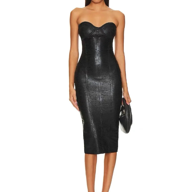 Black Foil Color Women Sexy Strapless Bodycon Bandage Dress Fashion Celebrate Evening Party Birthday Photo Shoot Dress