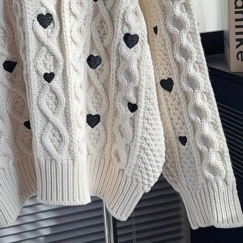 Autumn Winter New Fashion Heart Twist Sweater For Women Long Sleeve Loose Versatile Design Knitted Top Female 11A07872