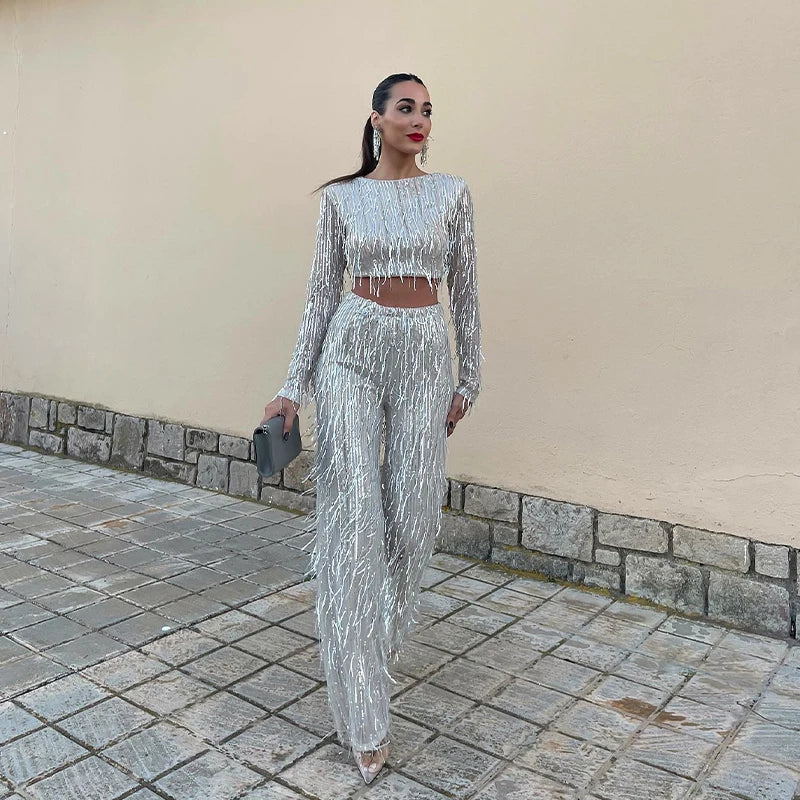 Tassel Sequin Women 2 Piece Set Autumn Silver Bright Silk O-neck Crop Tops Wide Leg Pants Female Suit Fashion Street Lady Sets Silver