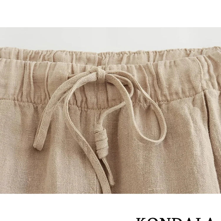 KONDALA Streetwear Khaki Linen Suits Women Sleeveless Halter Sexy Crop Tops Women+High Waist Wide Leg Pants Fashion Sets