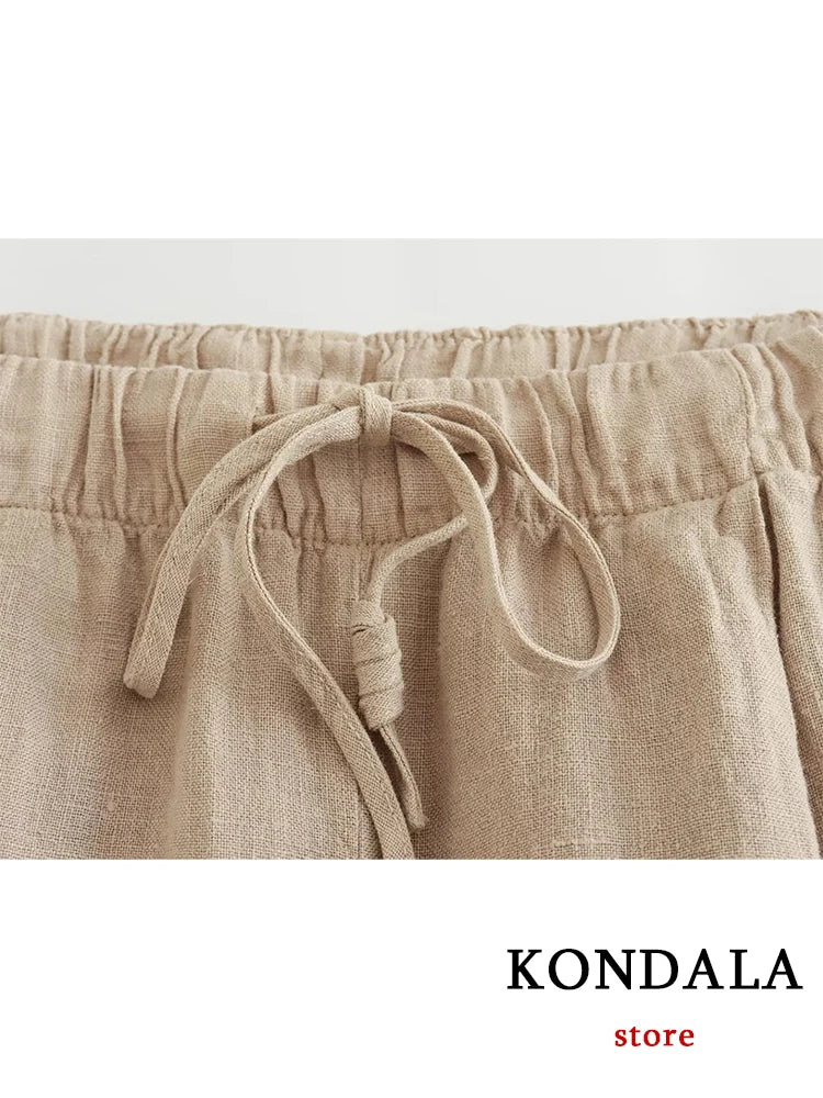 KONDALA Streetwear Khaki Linen Suits Women Sleeveless Halter Sexy Crop Tops Women+High Waist Wide Leg Pants Fashion Sets