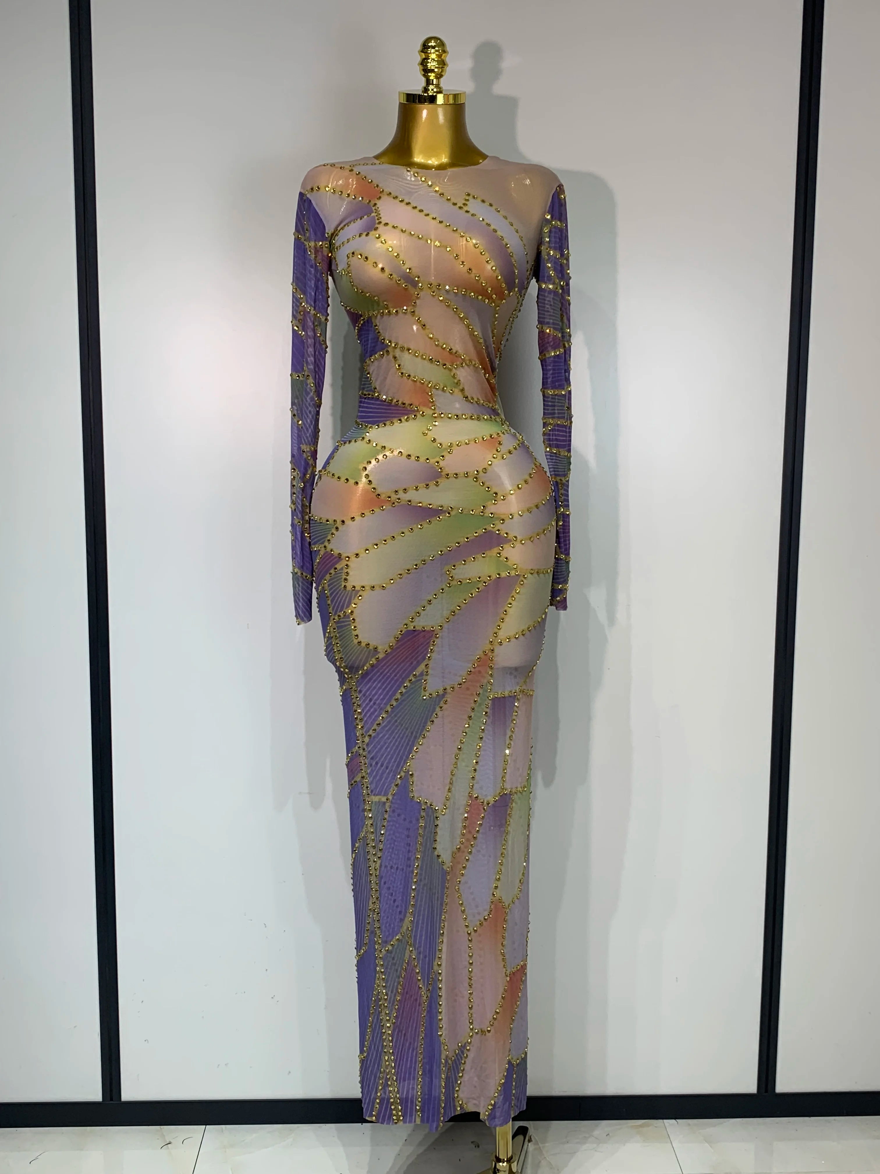 Sparkly Rhinestone Stretchy Mesh See Through Dress Women 2025 Performance Dancer Costume Luxury Birthday Nightclub Stage Outfit MULTI