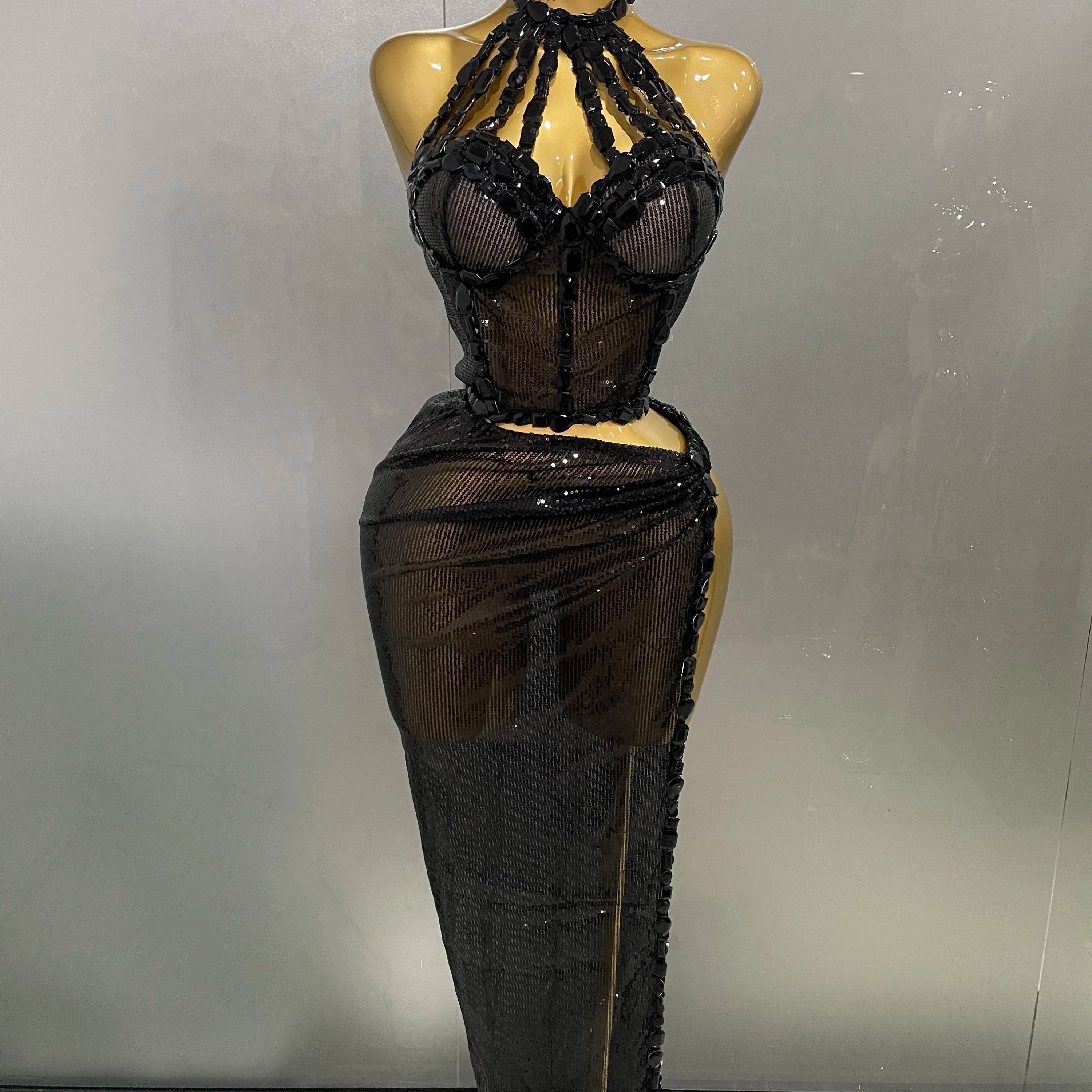 Sexy Luxury Shiny Diamond Sequins Cocktail Dress 2Pcs Set 2025New Women Evening Celebrate Birthday Party Nightclub Stage costume black