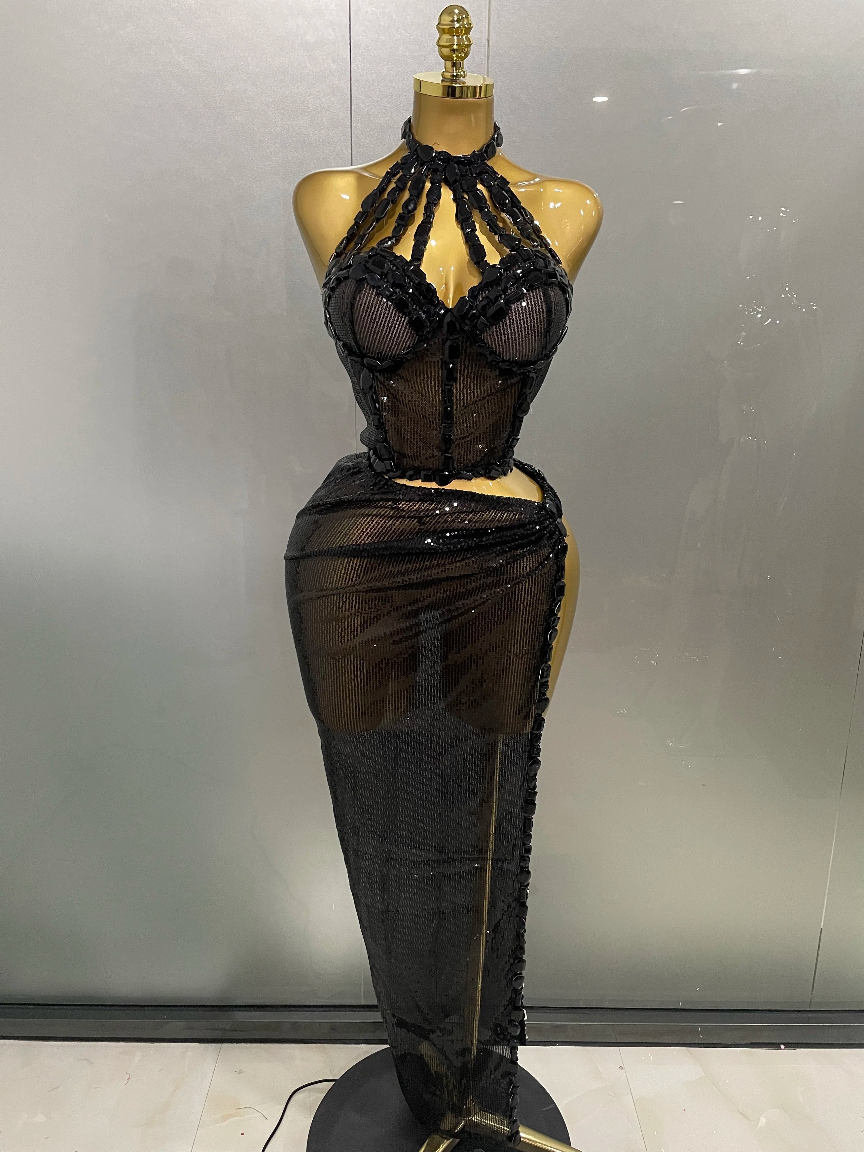 Sexy Luxury Shiny Diamond Sequins Cocktail Dress 2Pcs Set 2025New Women Evening Celebrate Birthday Party Nightclub Stage costume black