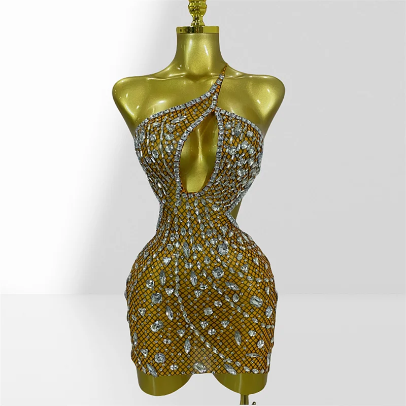 Sparkling Diamonds Sexy Hollow Out Blackless Mesh See Through Mini Dress Fashion Woman Evening Party Dress Birthday Party Outfit Yellow