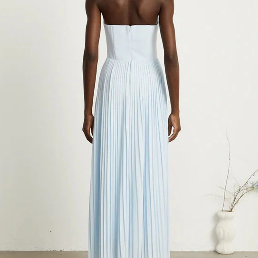 Solid Slimming Elegant Midi Dresses for Women Strapless Sleeveless Patchwork Fold Dress Female Temperament Clothing