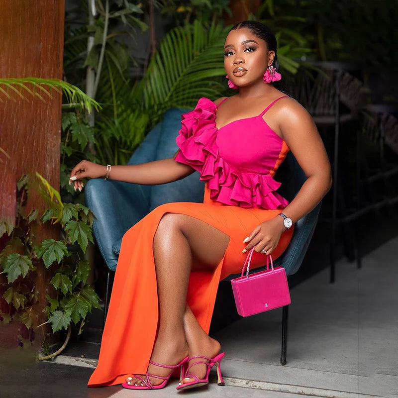 2023 New Fashion Orange Color Women Sleeveless Sexy V-Neck Ruffles Bodycon Mid-calf Bandage Dress Birthday Celebrate Party Dress