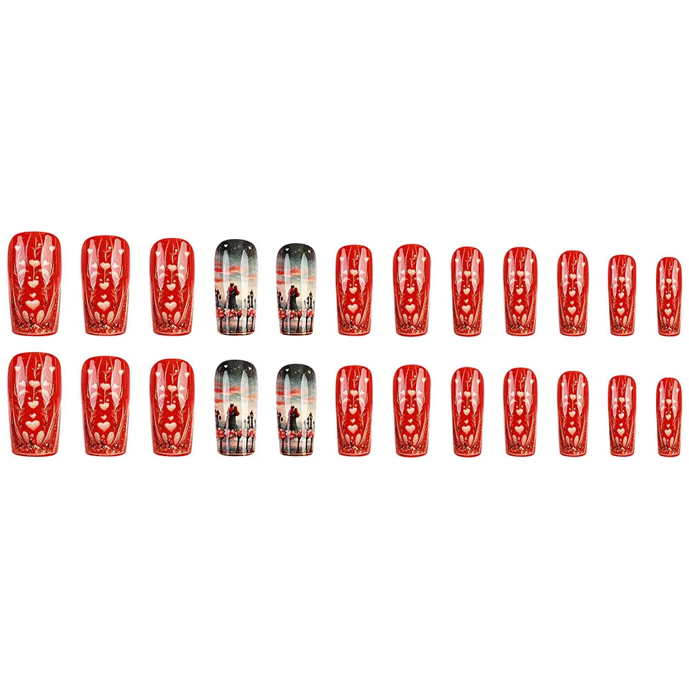 24pcs Romantic Valentine's Day Press on Nails Pink Love Couple False Nails Wearable Spicy Girl Square Head Fake Nails for Women