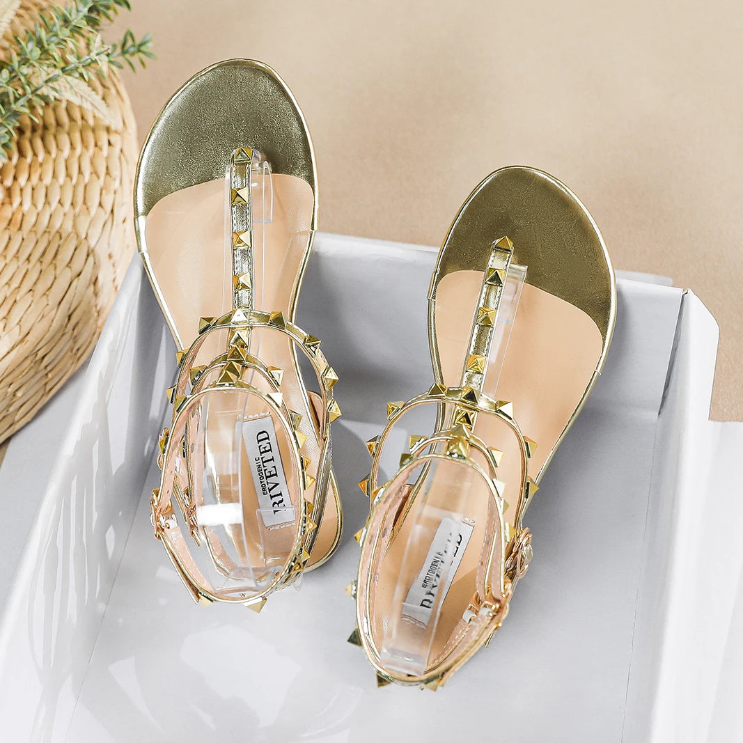 2024 new summer outdoor women's flat sandals British style Ladies Casual Roman Flats Stylish rivet design work and party 41-43 Gold