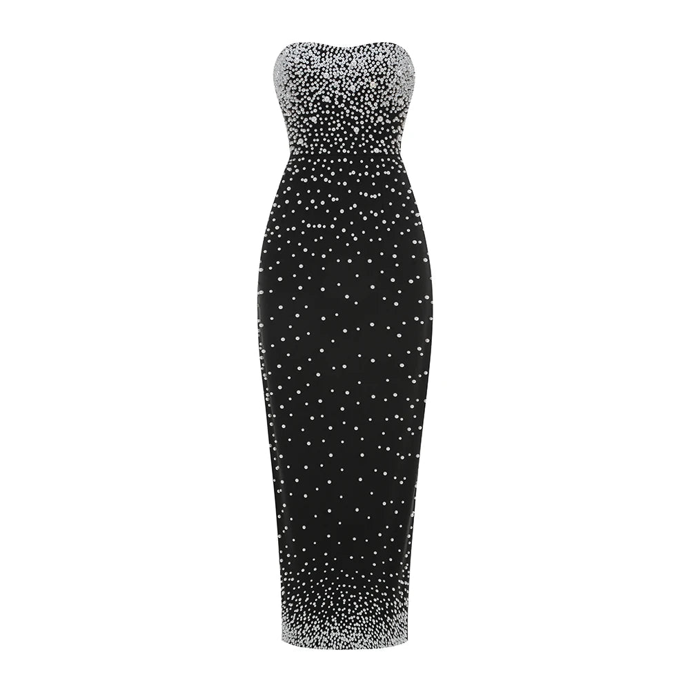 Black Strapless Pearls Embellished Long Dress For Women Sleeveless Beaded Bodycon Party Cocktail Evening Gown black