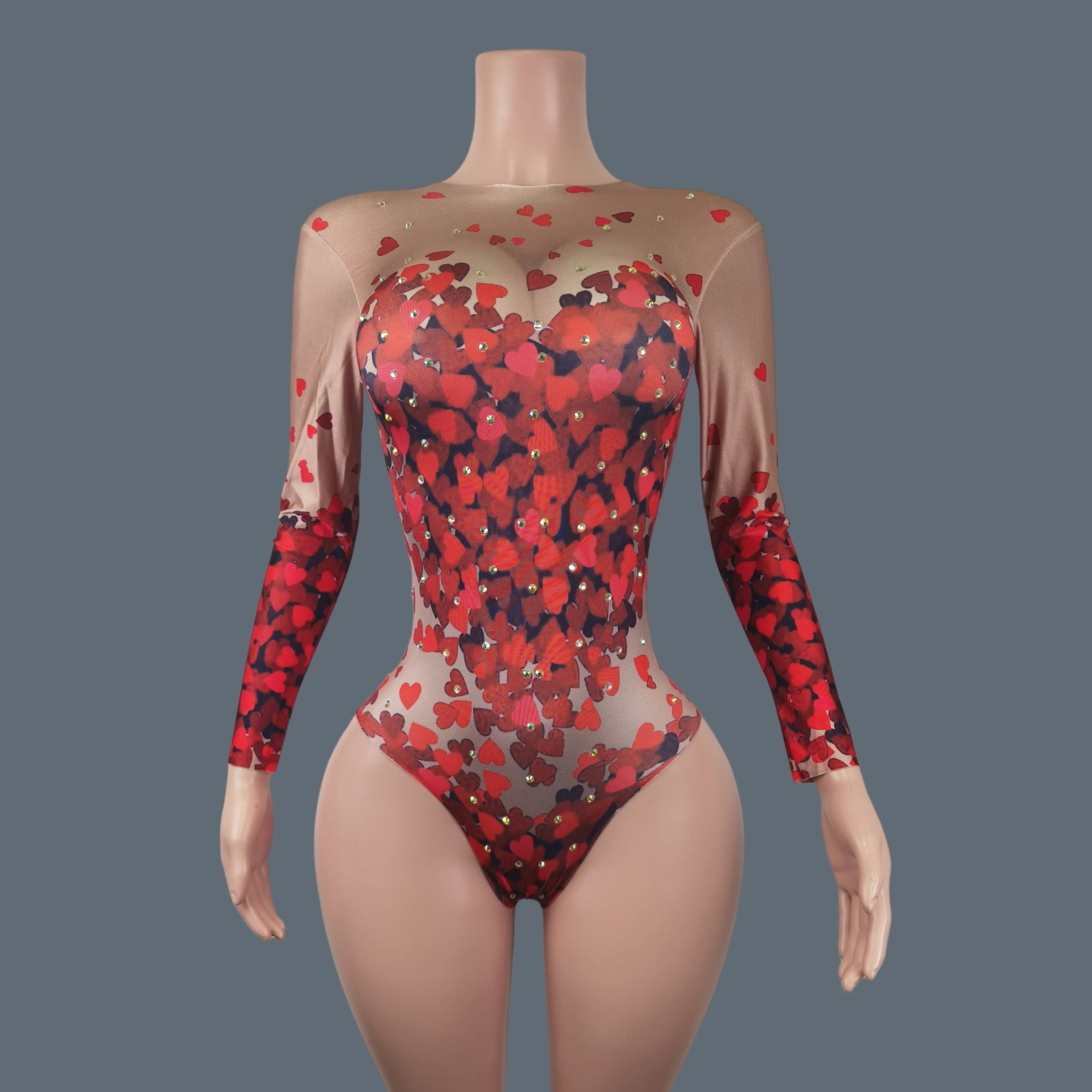 Women Sexy Printing Spandex Elastic Bodysuit Club Stage Performance Dance Costume Showgirl Bodysuit Birthday Party Wear Aiqinhai Red One Size