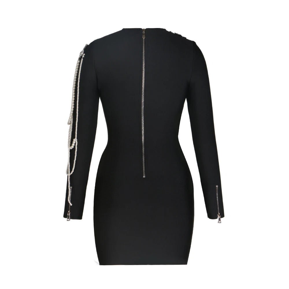 2024 New Spring Women Long Sleeve O-Neck Pearl Beading Bodycon Mini Dress Bandge Fashion Elegant Evening Party Dress Vestido