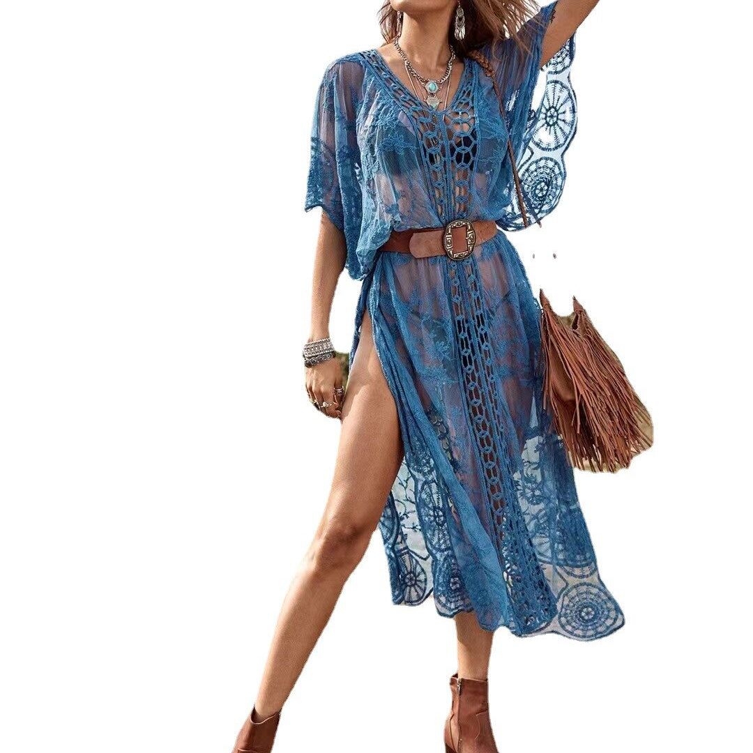 Summer Lace Beach Long Maxi Dress Bikinis Cover Up Tunic Pareo V Neck Robe Swimwear Bathing Suit Swimsuit