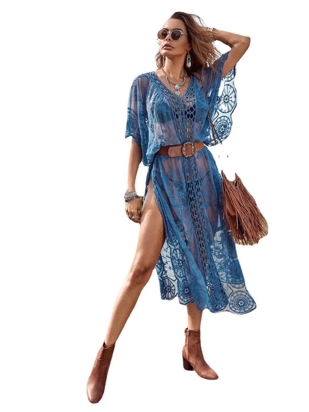 Summer Lace Beach Long Maxi Dress Bikinis Cover Up Tunic Pareo V Neck Robe Swimwear Bathing Suit Swimsuit