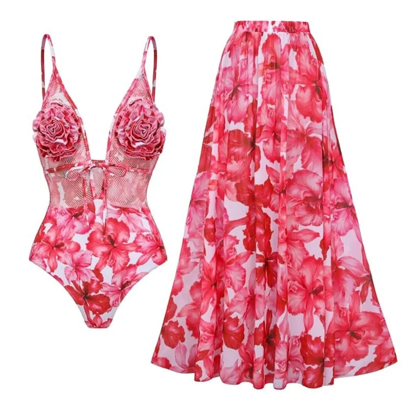 One Piece Swimsuit Floral Ruffle Printed Push Up Women Bikini Set Swimwear Slimming Bathing Suit Beach Wear SET2