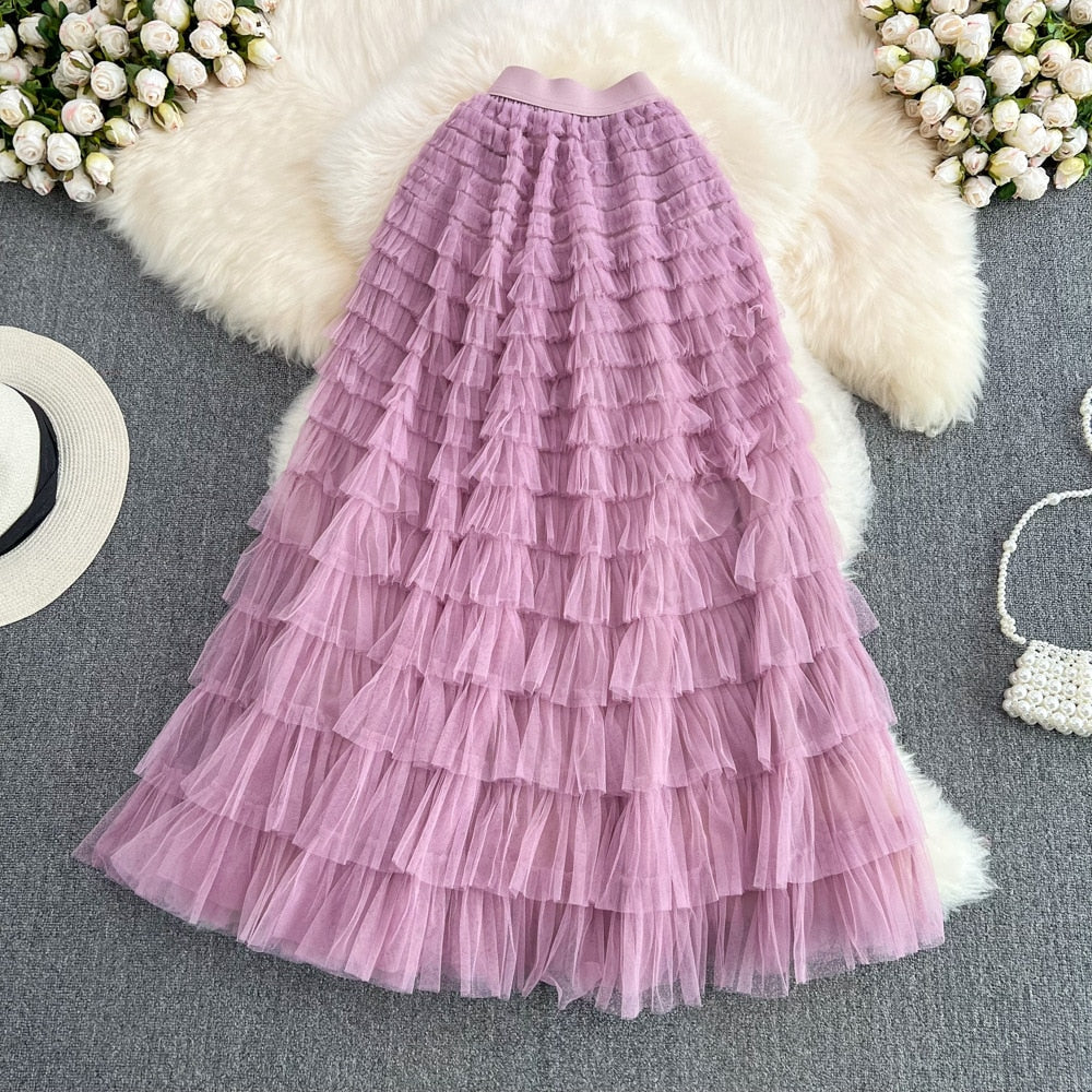 Super Long 97cm Maxi Tulle Skirts for Women 2024 New Chic Patchwork Cake Skirt Multilayer Large Swing A-Line Skirts Mujer Faldas Purple One Size