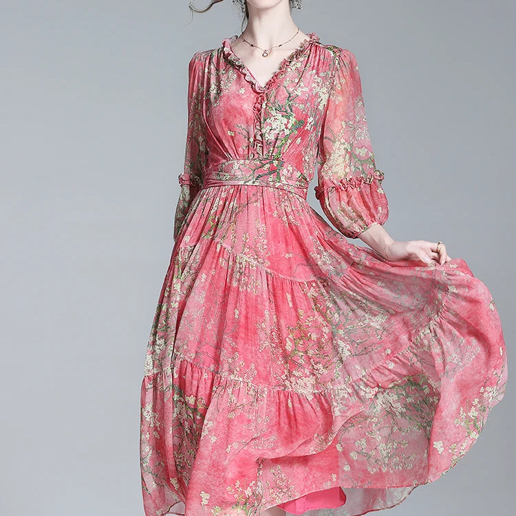 EVNISI Summer Women Boho Chiffon Dress V-Neck Red Elegant Office Floral Printing A-line Dresses Chic For Women Party Vestido