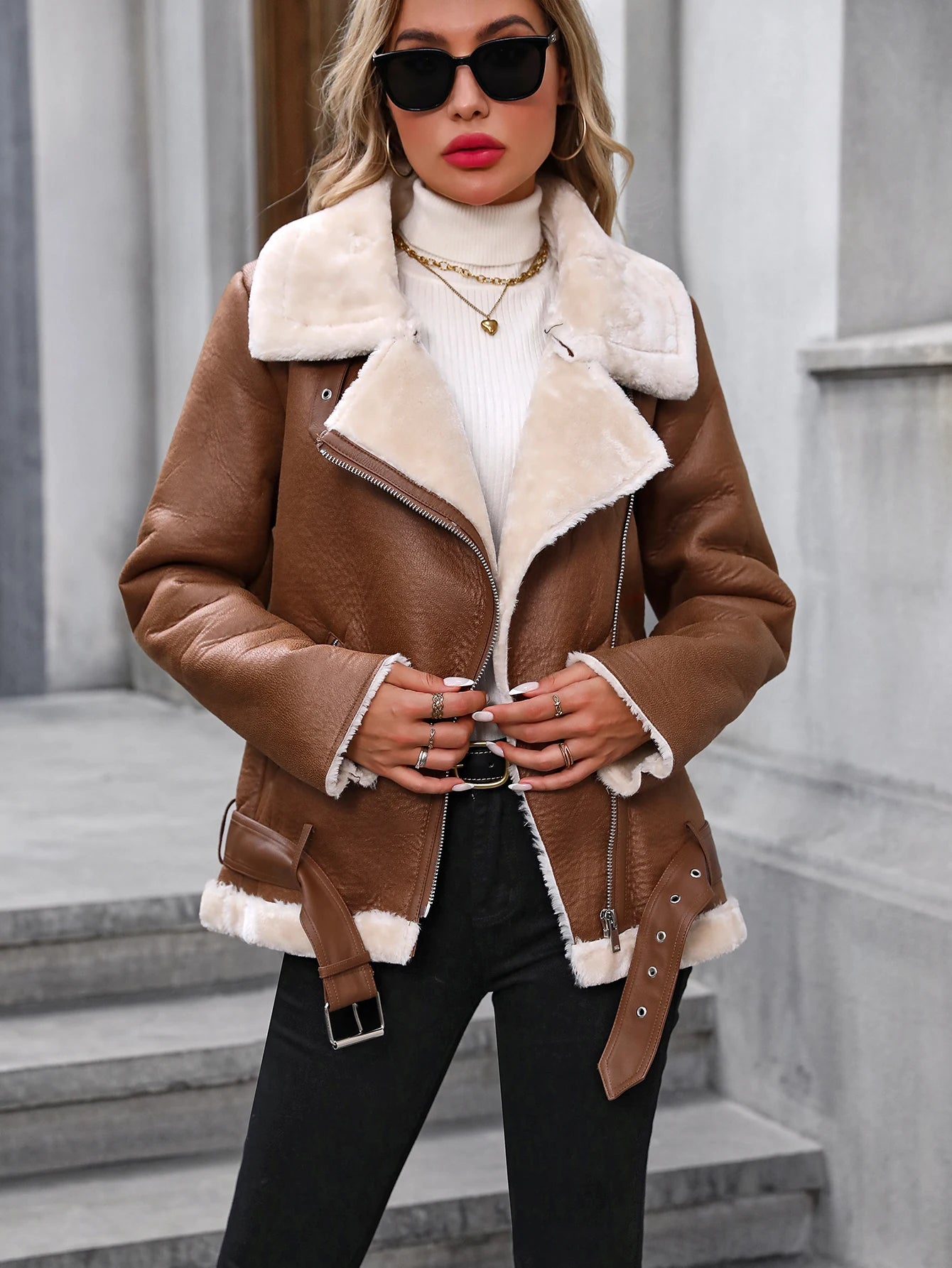 Fitaylor Winter Women Faux Fur Leather Jacket Casual Lady Thick Warm Leather Jacket High Street Motorcycle Outwear