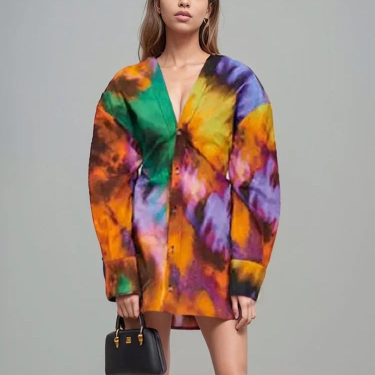 DEAT Fashion Women's Shirt Dress V-neck Loose Tie Dye Long Sleeve Single Breasted Waist Mini Dresses Spring New WR36309