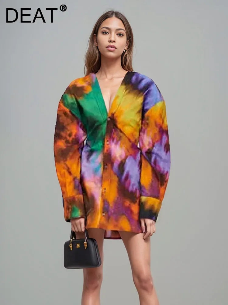 DEAT Fashion Women's Shirt Dress V-neck Loose Tie Dye Long Sleeve Single Breasted Waist Mini Dresses Spring New WR36309