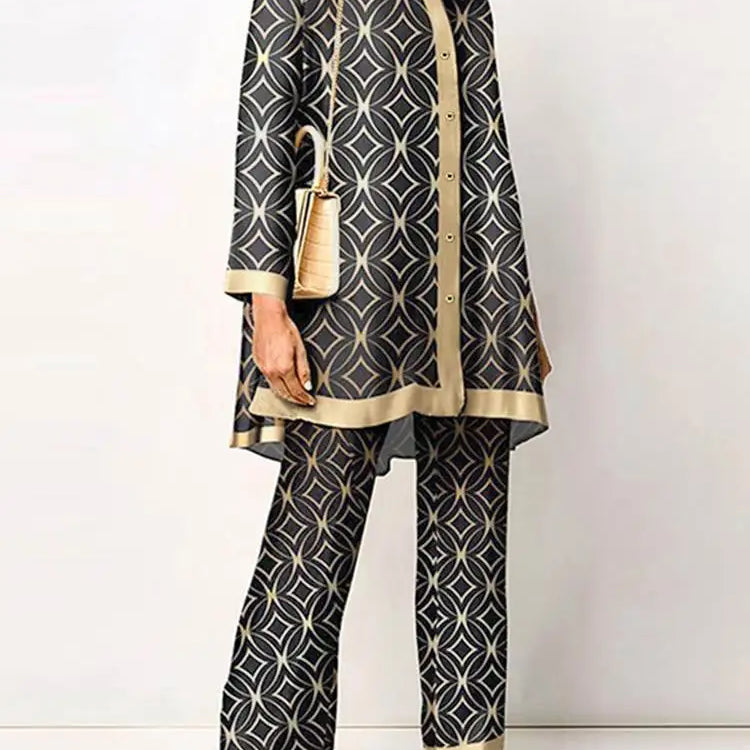 Fashion Retro Printed 2pcs Pant Sets ZANZEA Holiday Long Sleeve Lapel Shirts Outfits Elegant Women Long Trouser 2023 Tracksuit A-Khaki