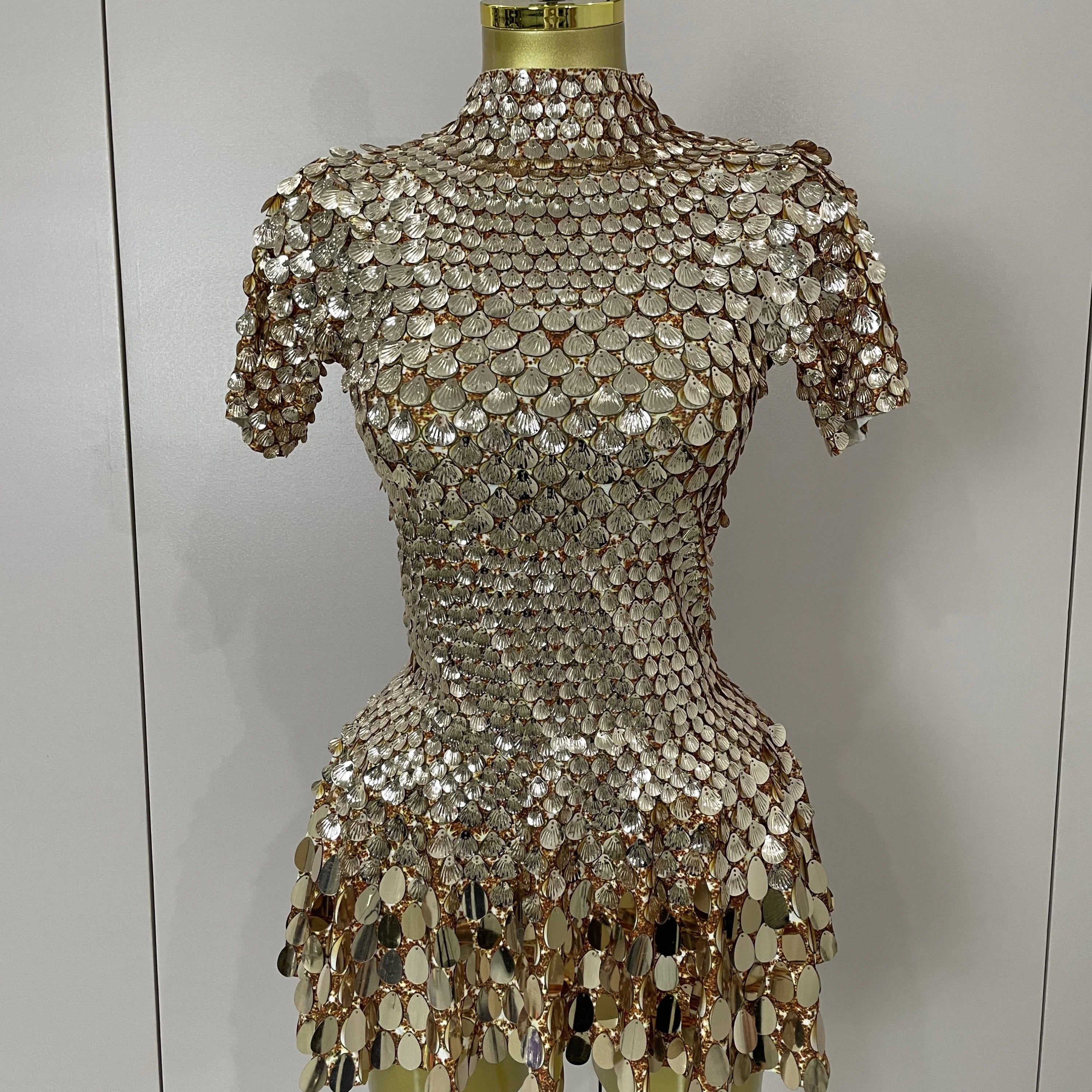 Luxury Shiny Shell Sequins Bodysuit Dress Women Sexy Nightclub Dance Performance Clothing Birthday party Dresses Rose Gold