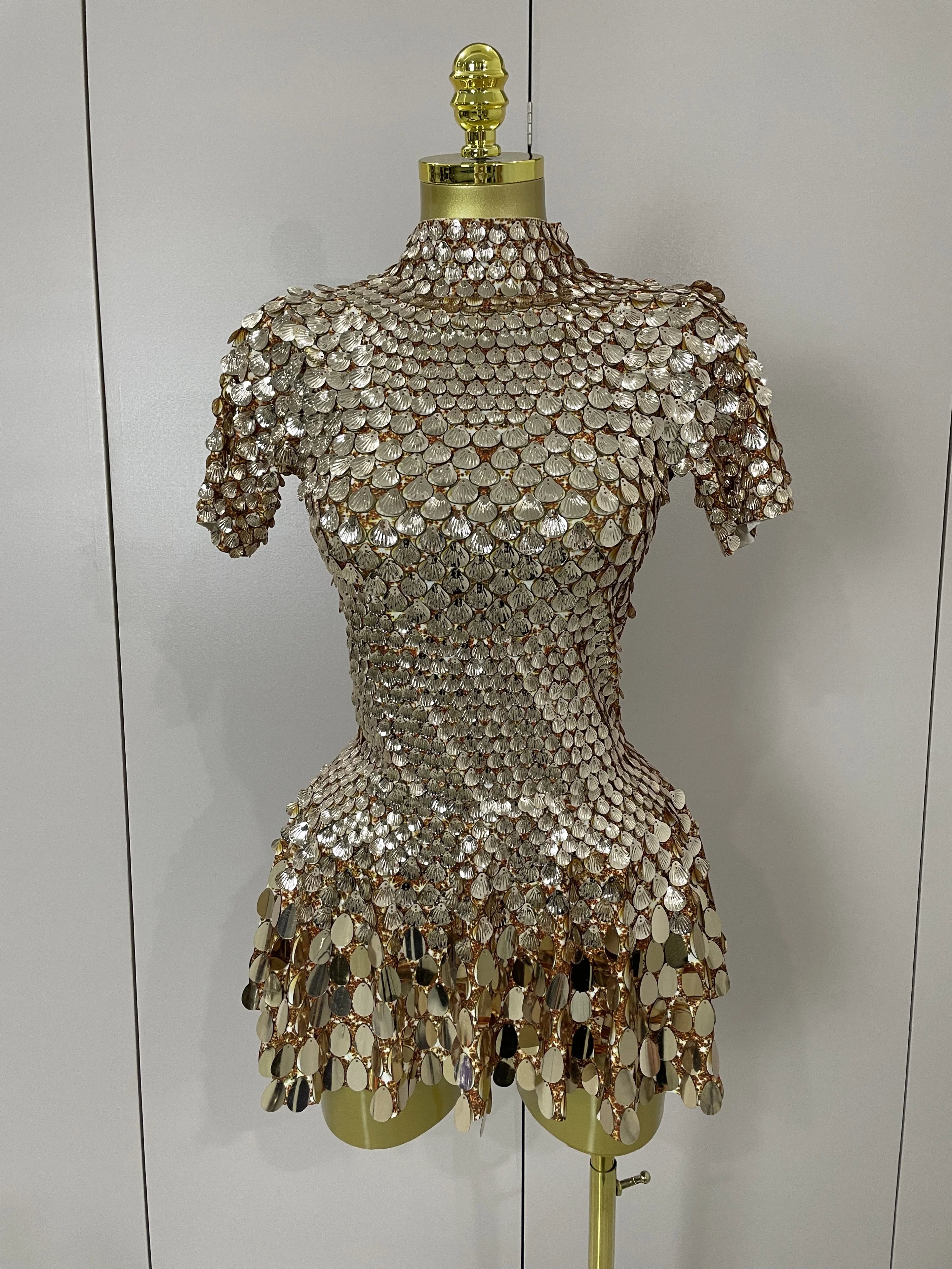 Luxury Shiny Shell Sequins Bodysuit Dress Women Sexy Nightclub Dance Performance Clothing Birthday party Dresses Rose Gold