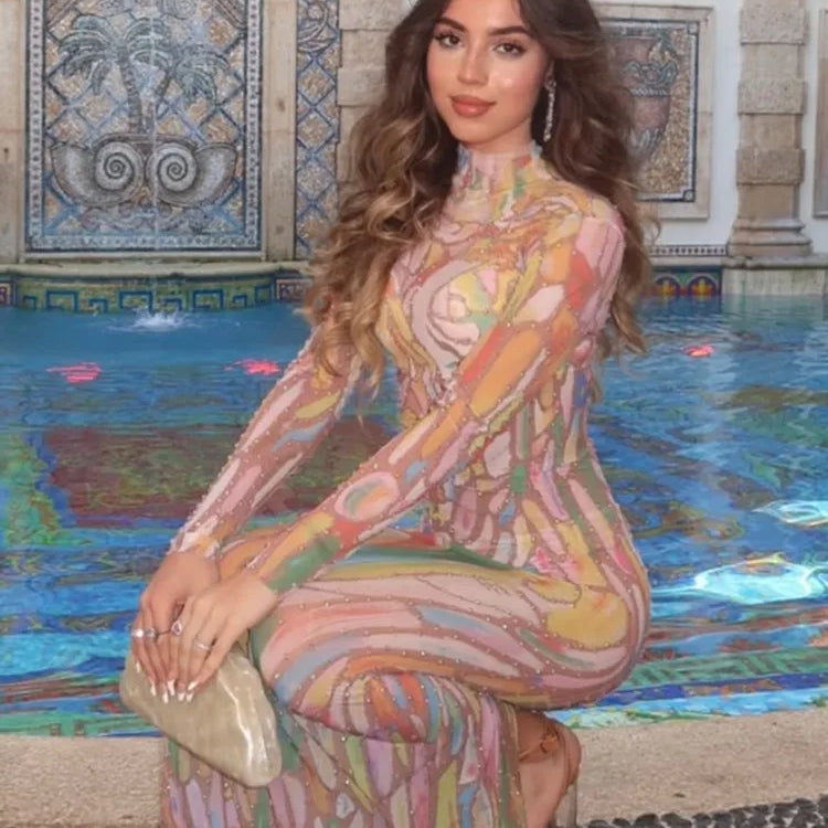 Stock Women Luxury Sexy Painting Crystal Diamonds Maxi Long Dress Birthday Party Costume Bar Nightclub Stage Performance Outfits